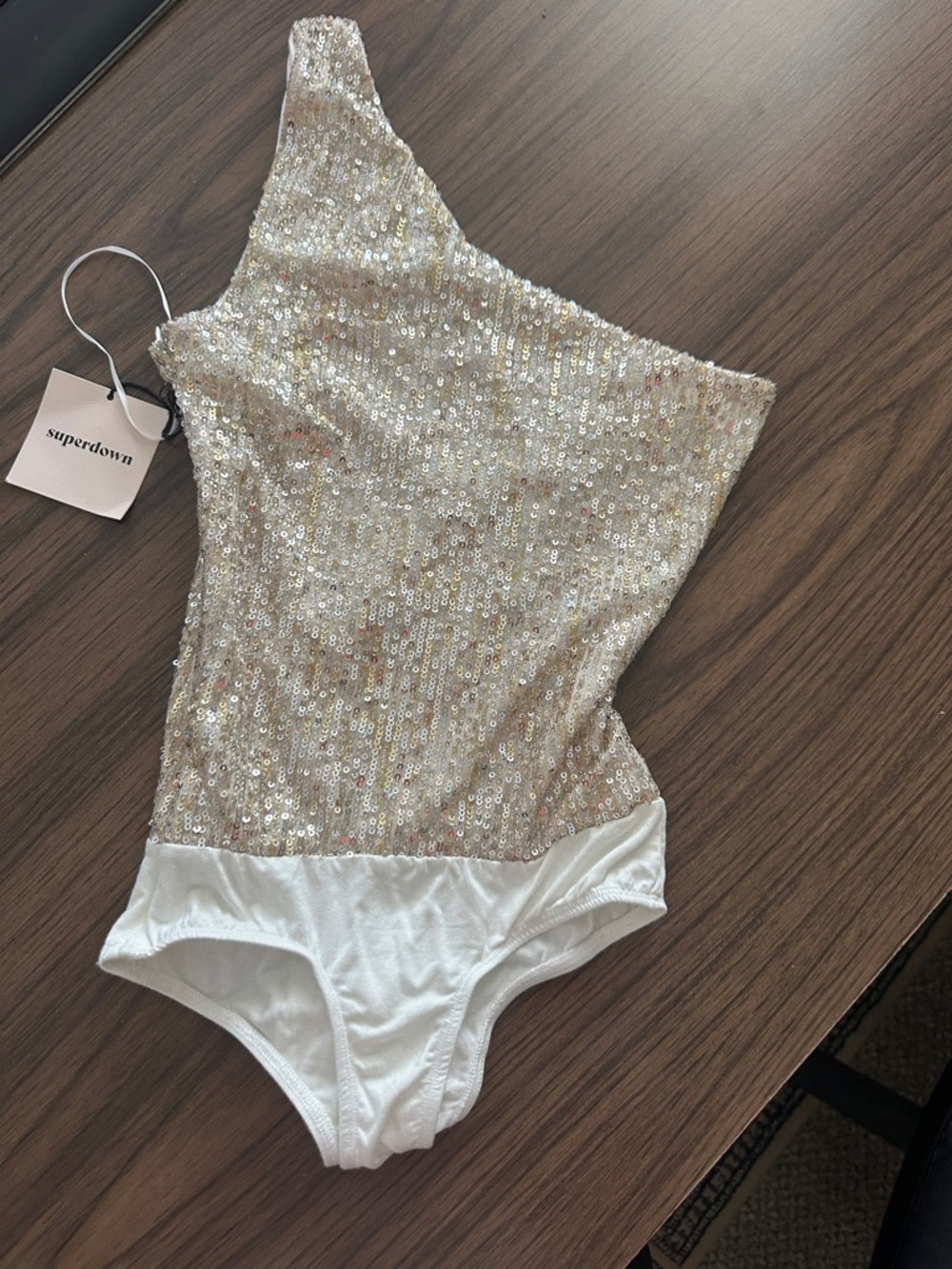 superdown One-Shoulder Sequin Kids One-Piece in Gold and White